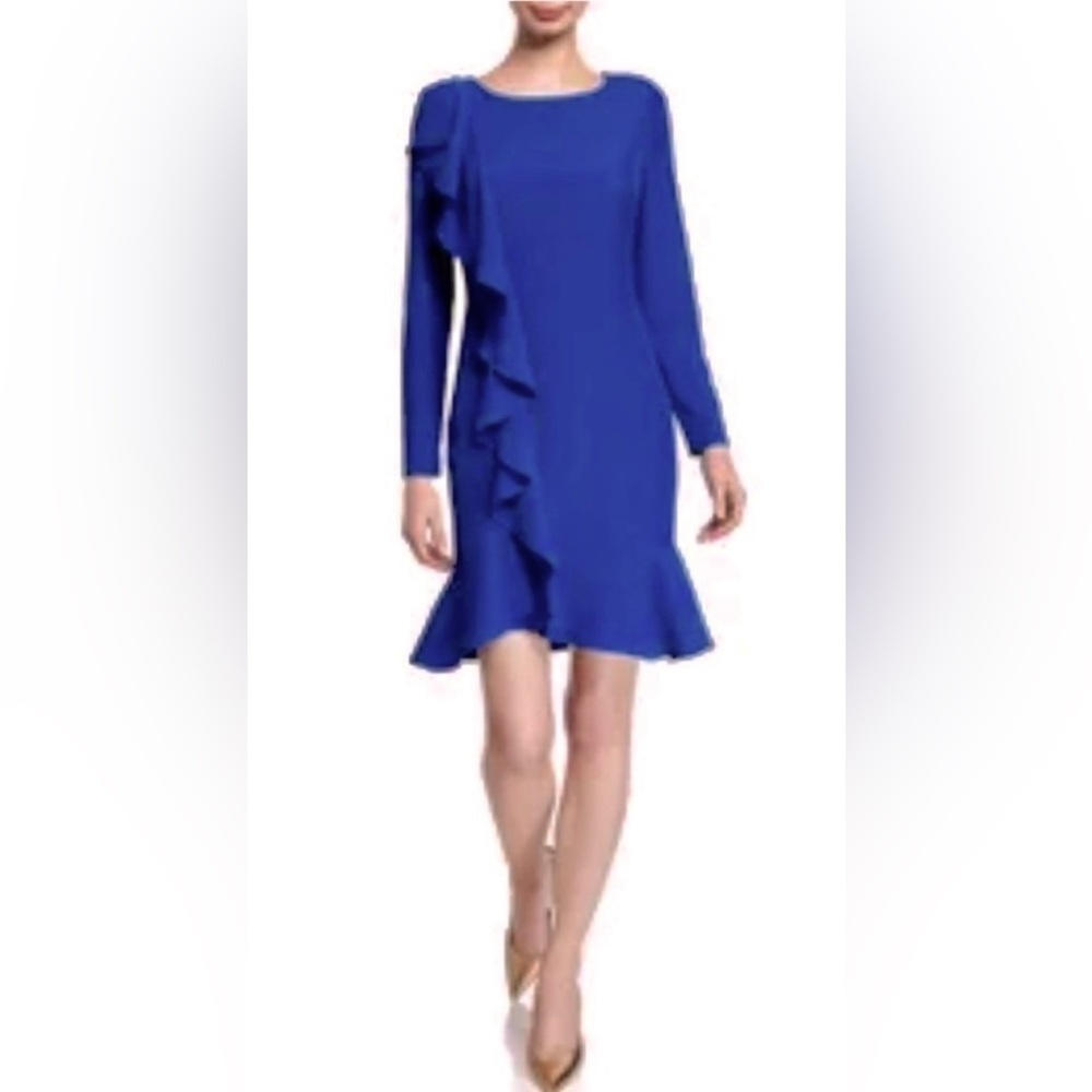 Donna Karan 3/4 Sleeve Sapphire Blue Crepe Waterfall Ruffle Flounce A-line Dress